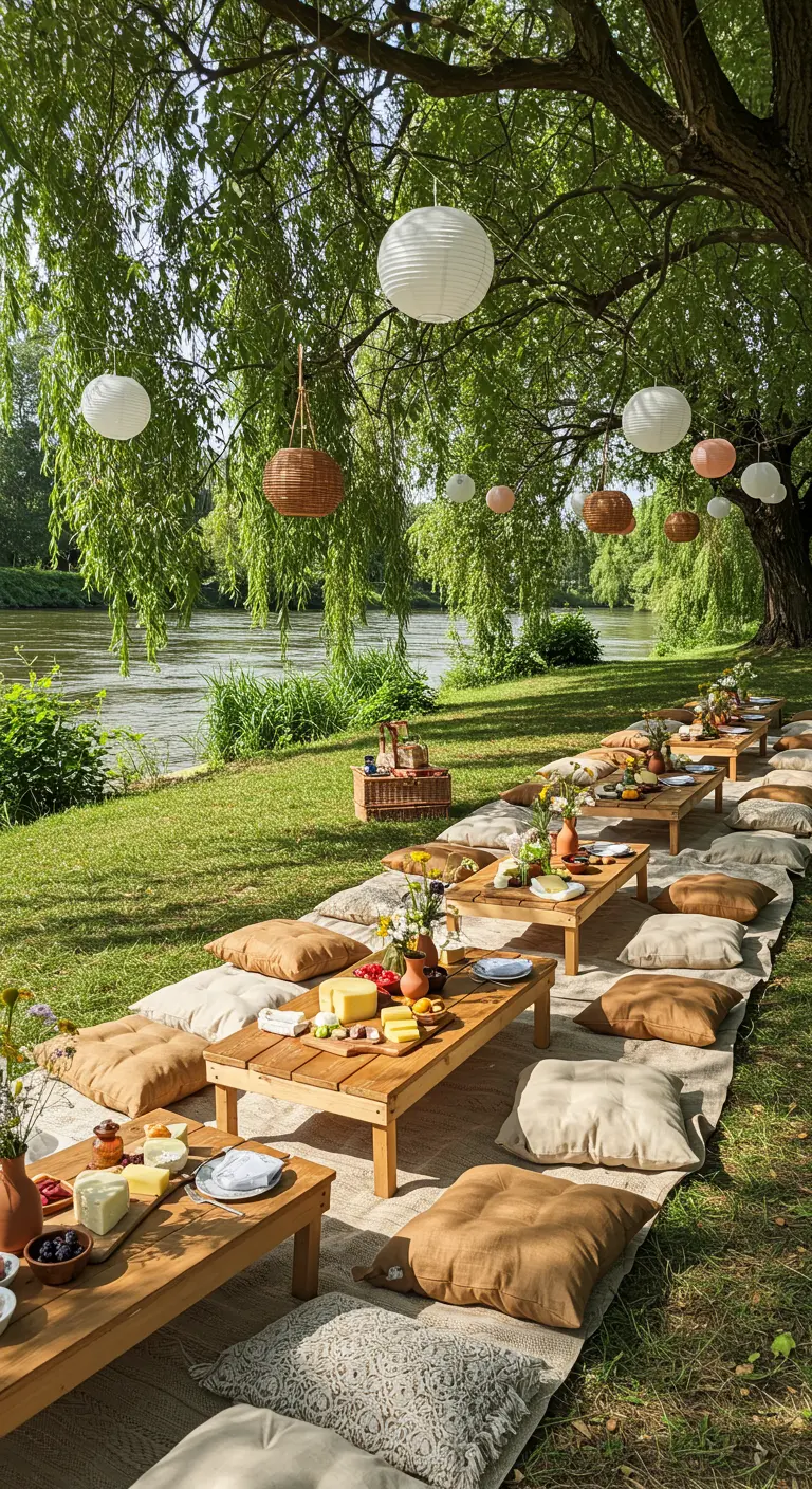 Ontspannen picknick-setting aan een rivier met lage tafels, kussens en lampionnen.