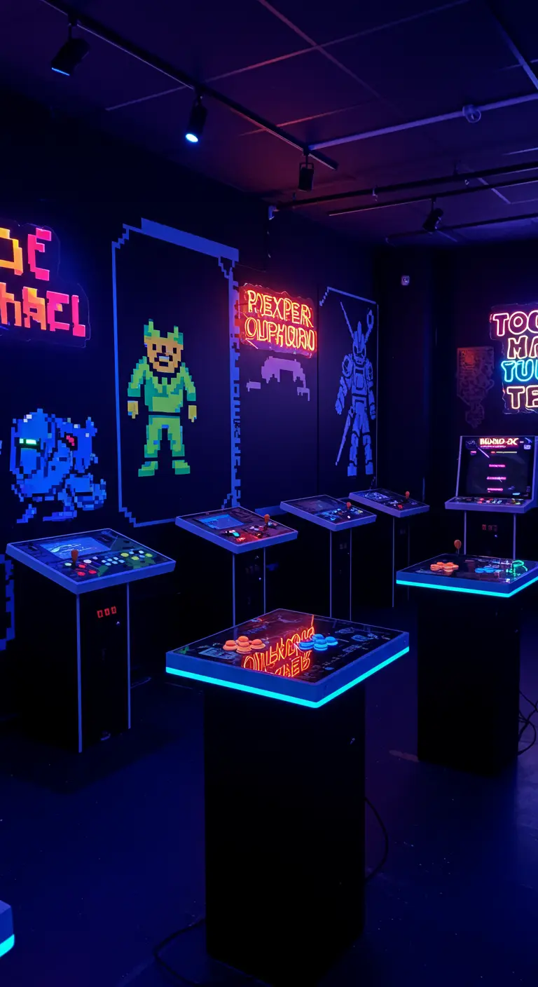 Donkere gameroom met oplichtende pixel art en arcadekasten.