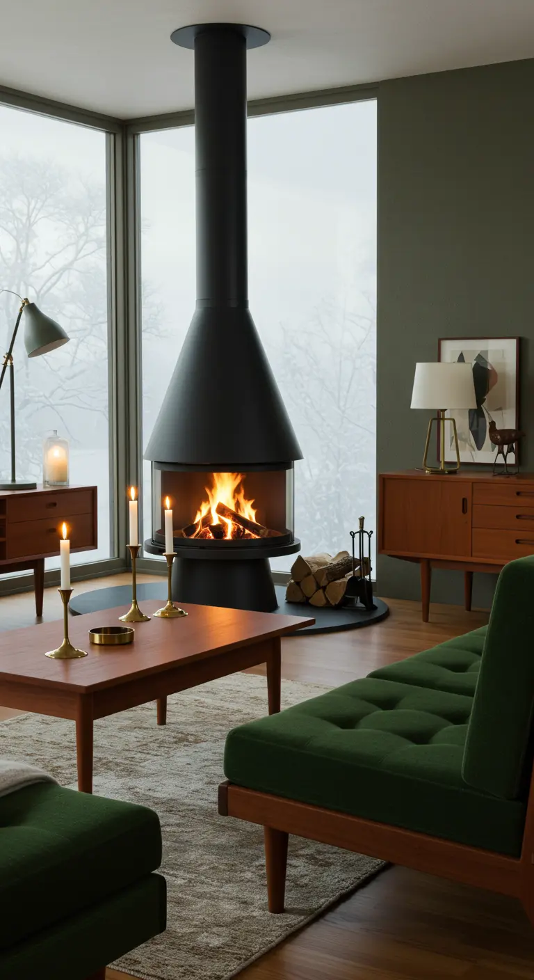Mid-century moderne woonkamer met hangende haard, groene bank en houten meubels.