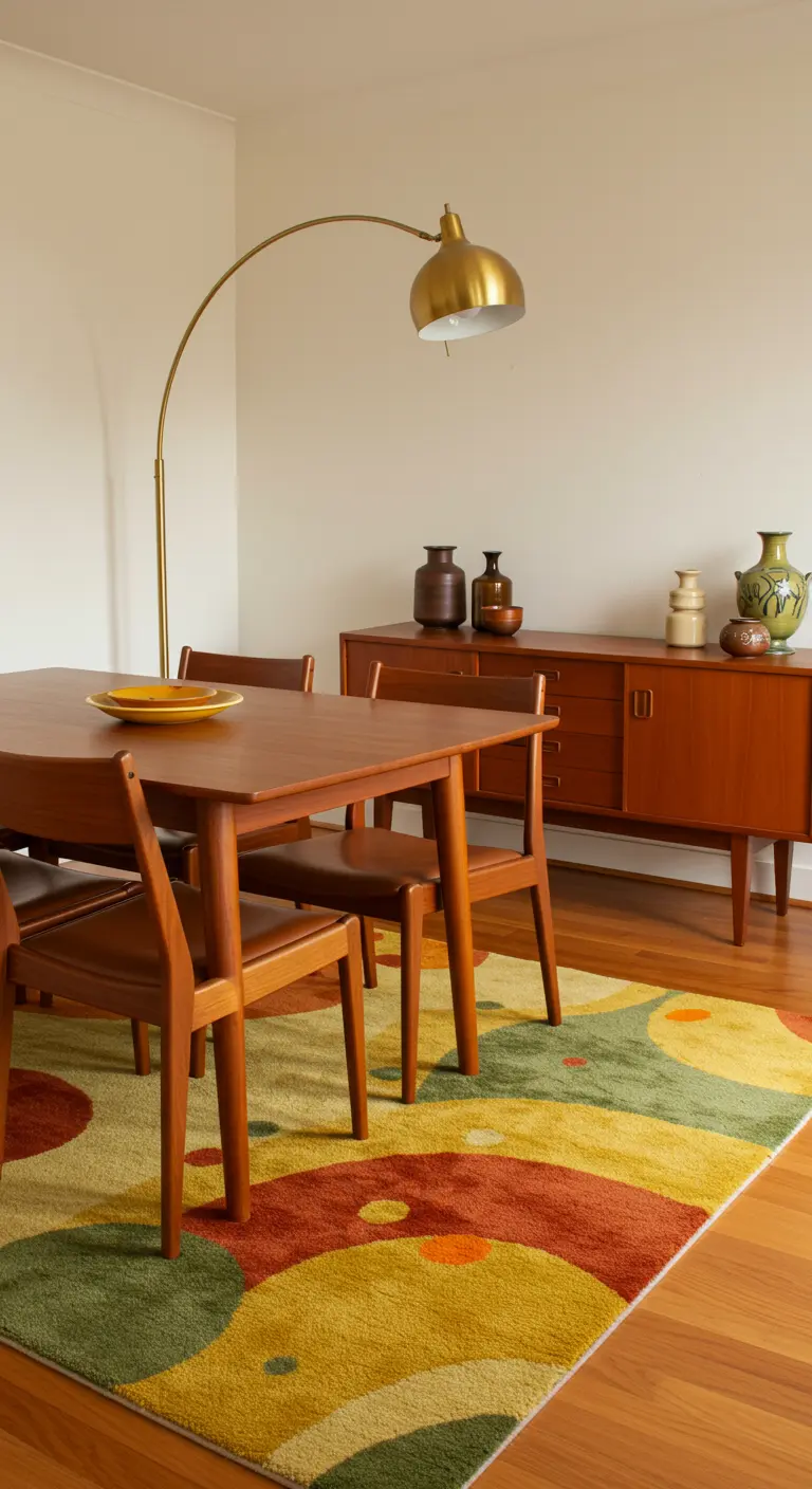 Mid-century eetkamer met een kleurrijk tapijt met overlappende cirkels in geel, groen en oranje.