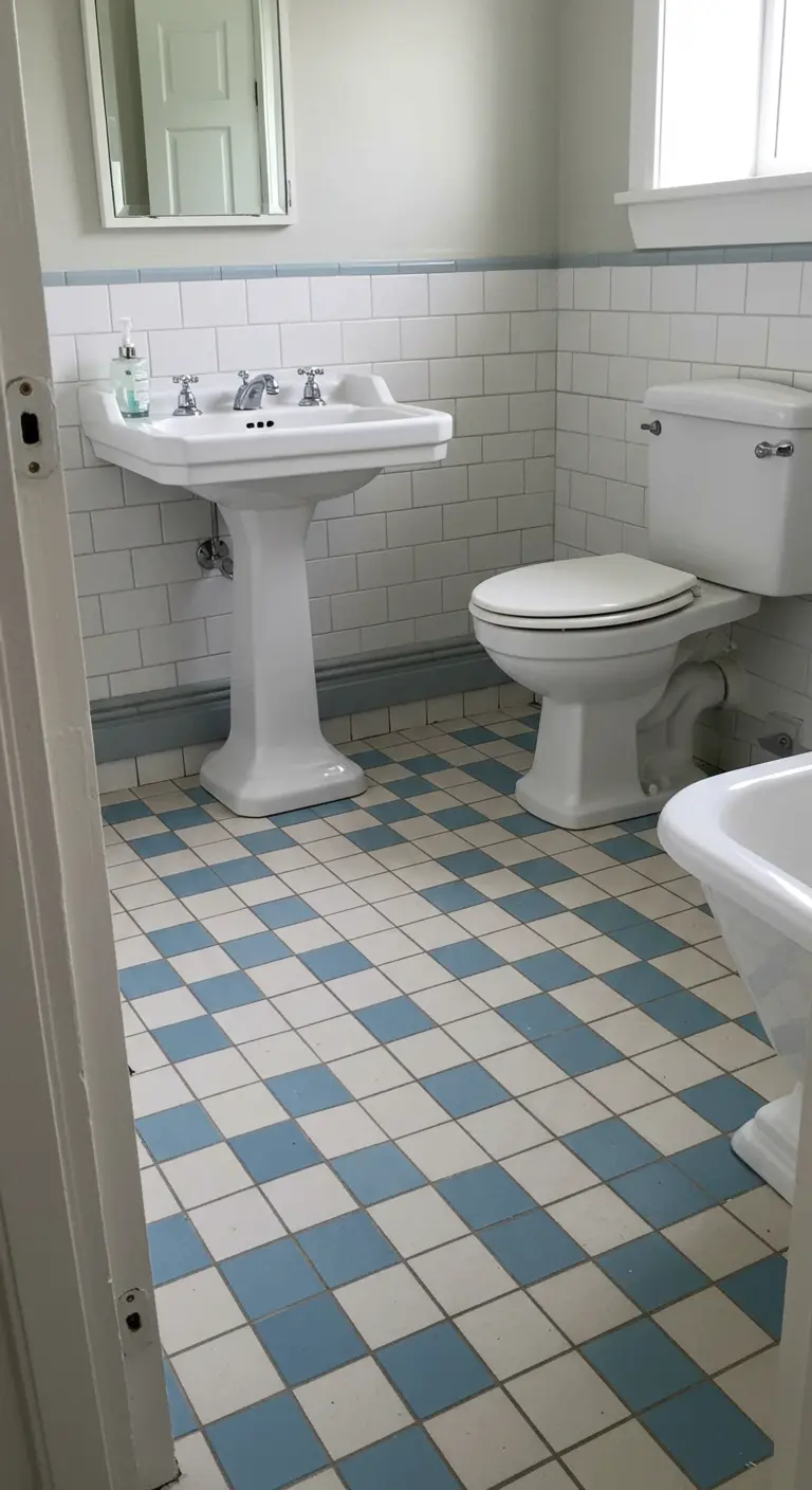Badkamer met een blauw-witte dambordpatroon tegelvloer en klassiek wit sanitair.