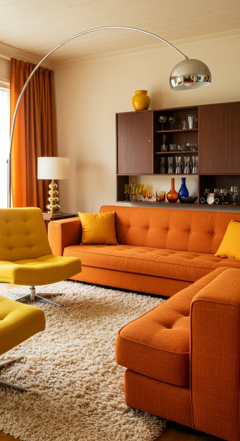Retro woonkamer met een oranje bank, okergele fauteuil en een hoogpolig tapijt.
