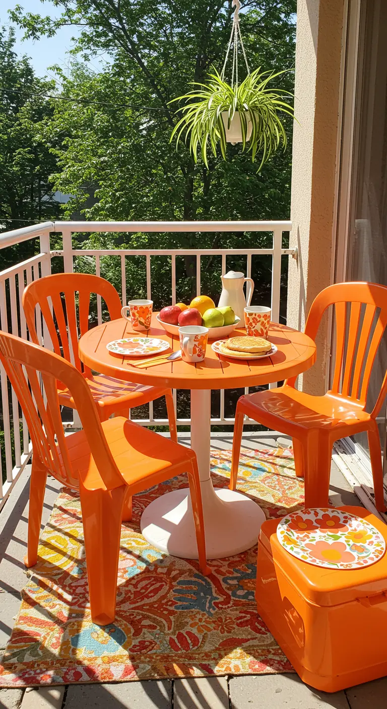 Oranje plastic tuinset uit de jaren '70 op een balkon met een kleurrijk tapijt.