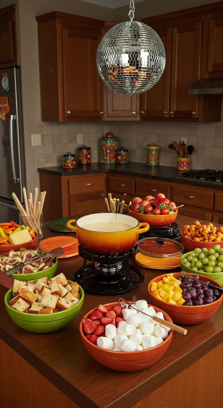Keukeneiland met een centrale kaasfondue en kleurrijke schalen met dippers.