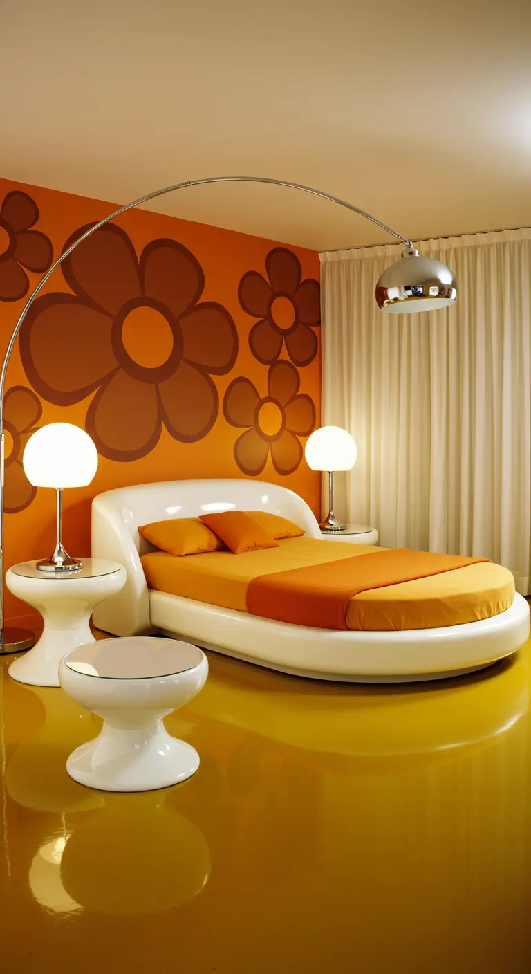 Retro slaapkamer met oranje muur, witte organische meubels en een booglamp.