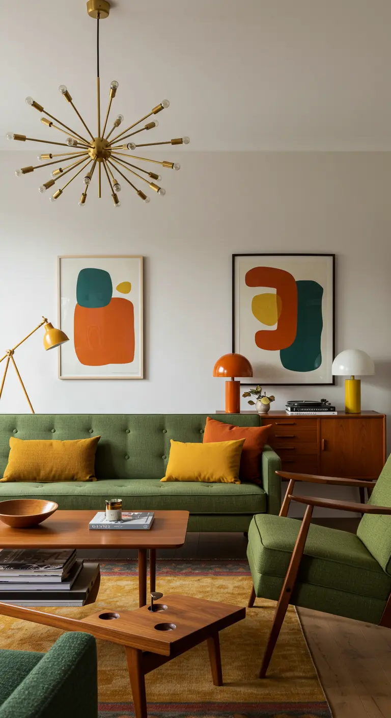 Retro jaren '60 woonkamer met groene bank, oranje accenten en Sputnik lamp.