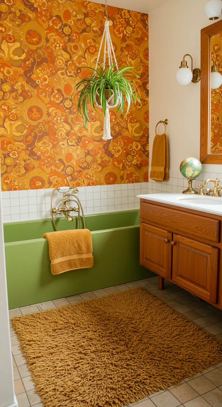Retro badkamer met oranje behang, een groen bad en een macramé plantenhanger.