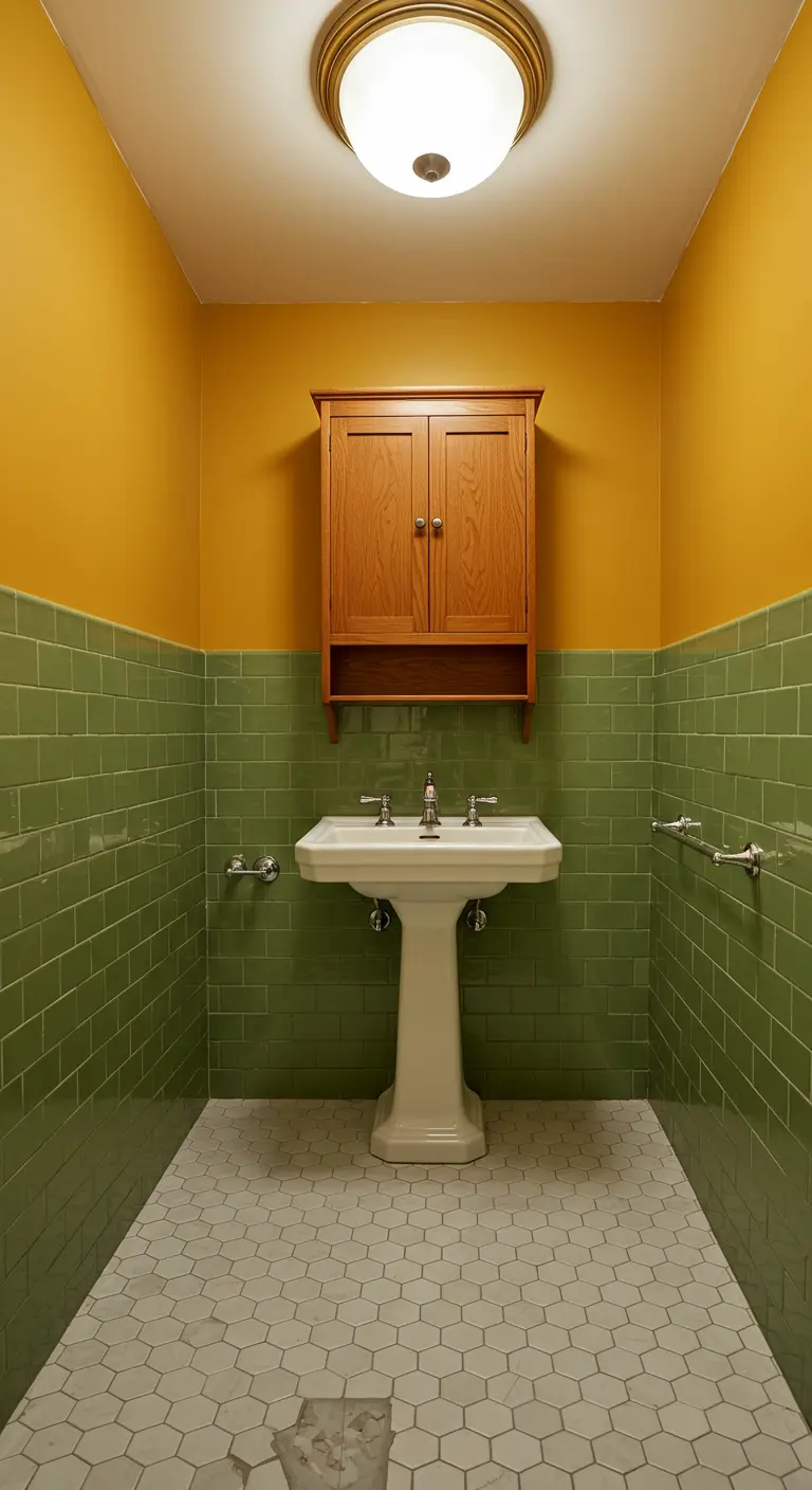 Retro badkamer met olijfgroene tegels en een mosterdgele muur.