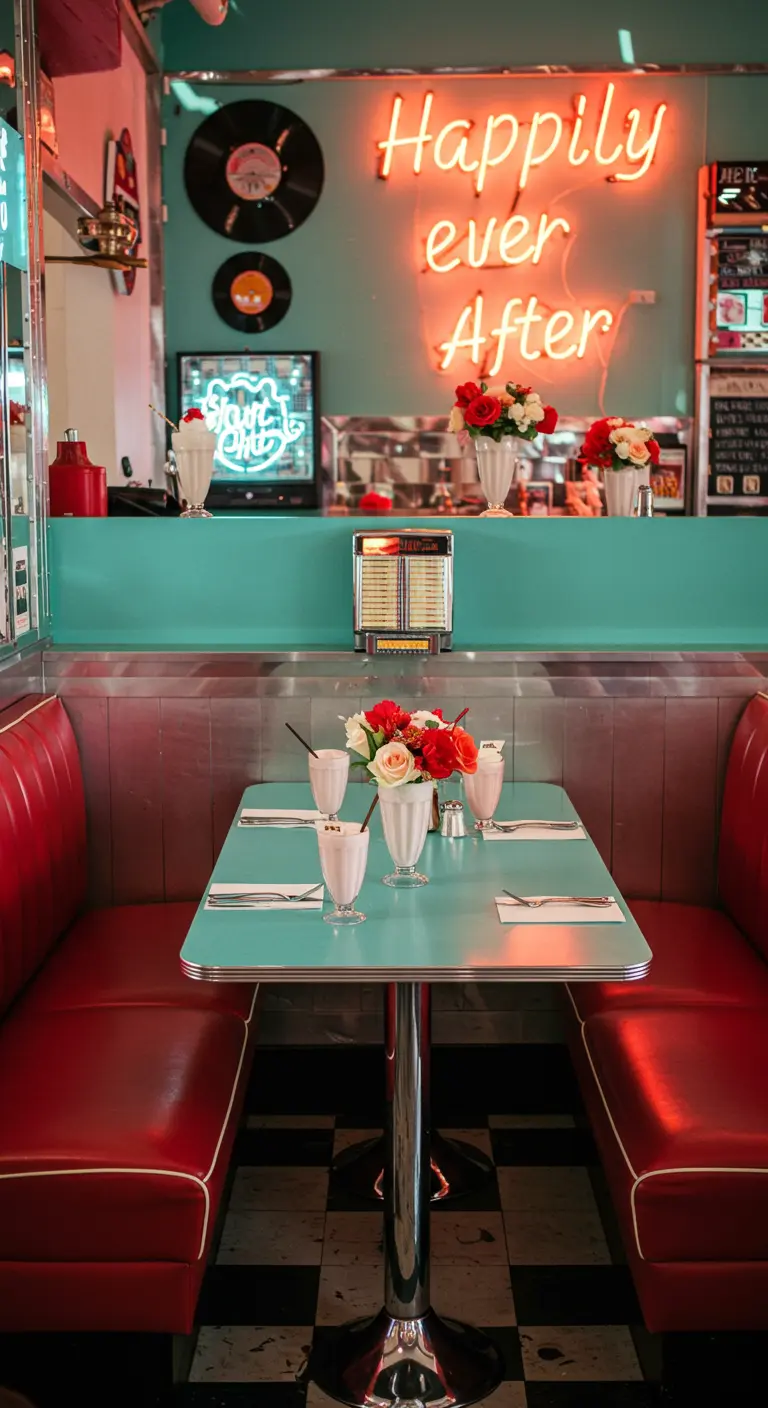 Tafel voor twee in een retro American diner met neonverlichting.