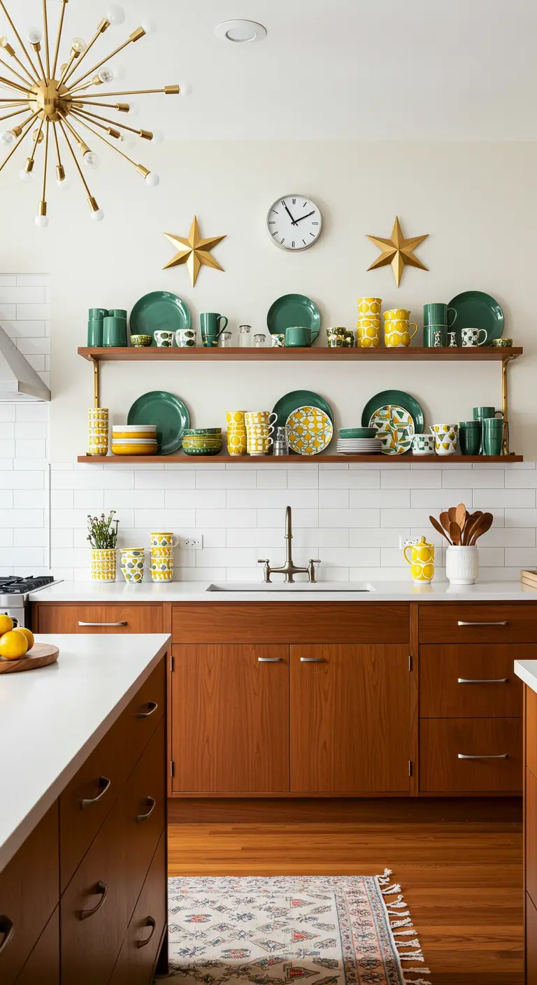 Mid-century keuken met donkerhouten kasten en open planken met groen en geel servies.