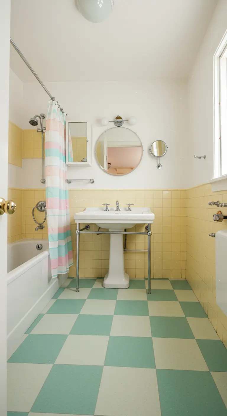 Retro badkamer met een mintgroen-witte geblokte vloer en gele wandtegels.