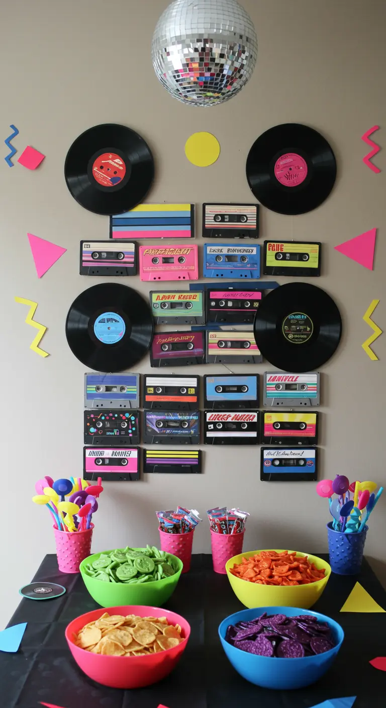 Wanddecoratie met LP's en cassettebandjes boven een buffettafel.