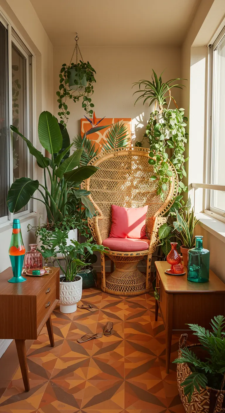 Balkon in jaren '70 stijl met een rotan pauwenstoel, terracotta tegels en veel groene planten.