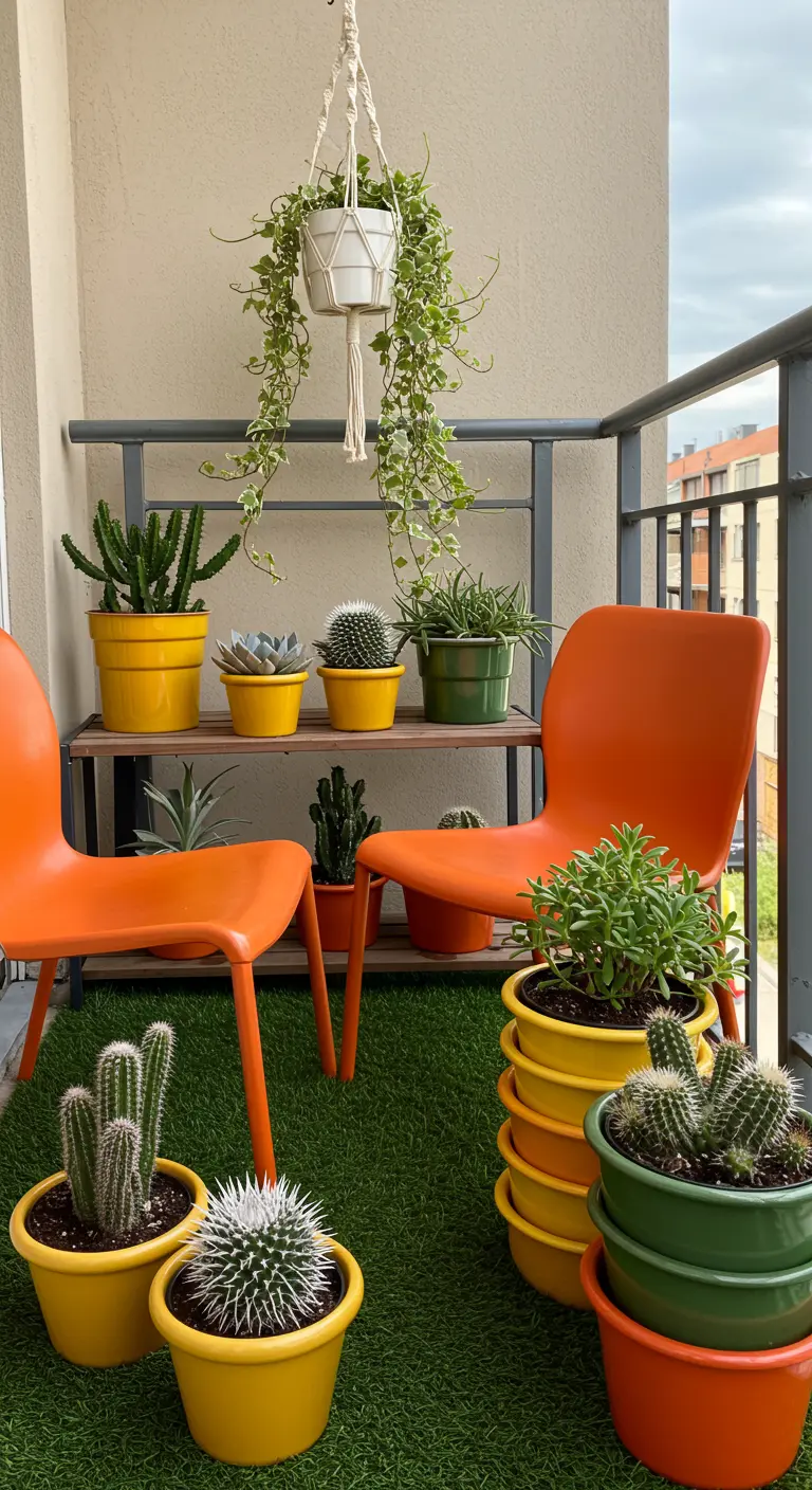 Balkon met oranje retrostoelen, kunstgras en een verzameling cactussen in gele en groene potten.