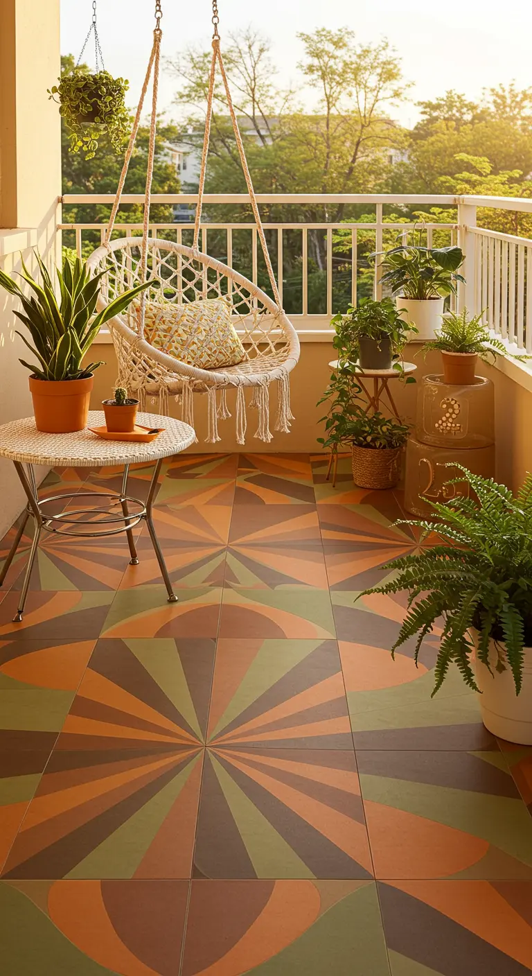 Balkon met een retro tegelvloer in oranje en groene waaiers en een macramé hangstoel.