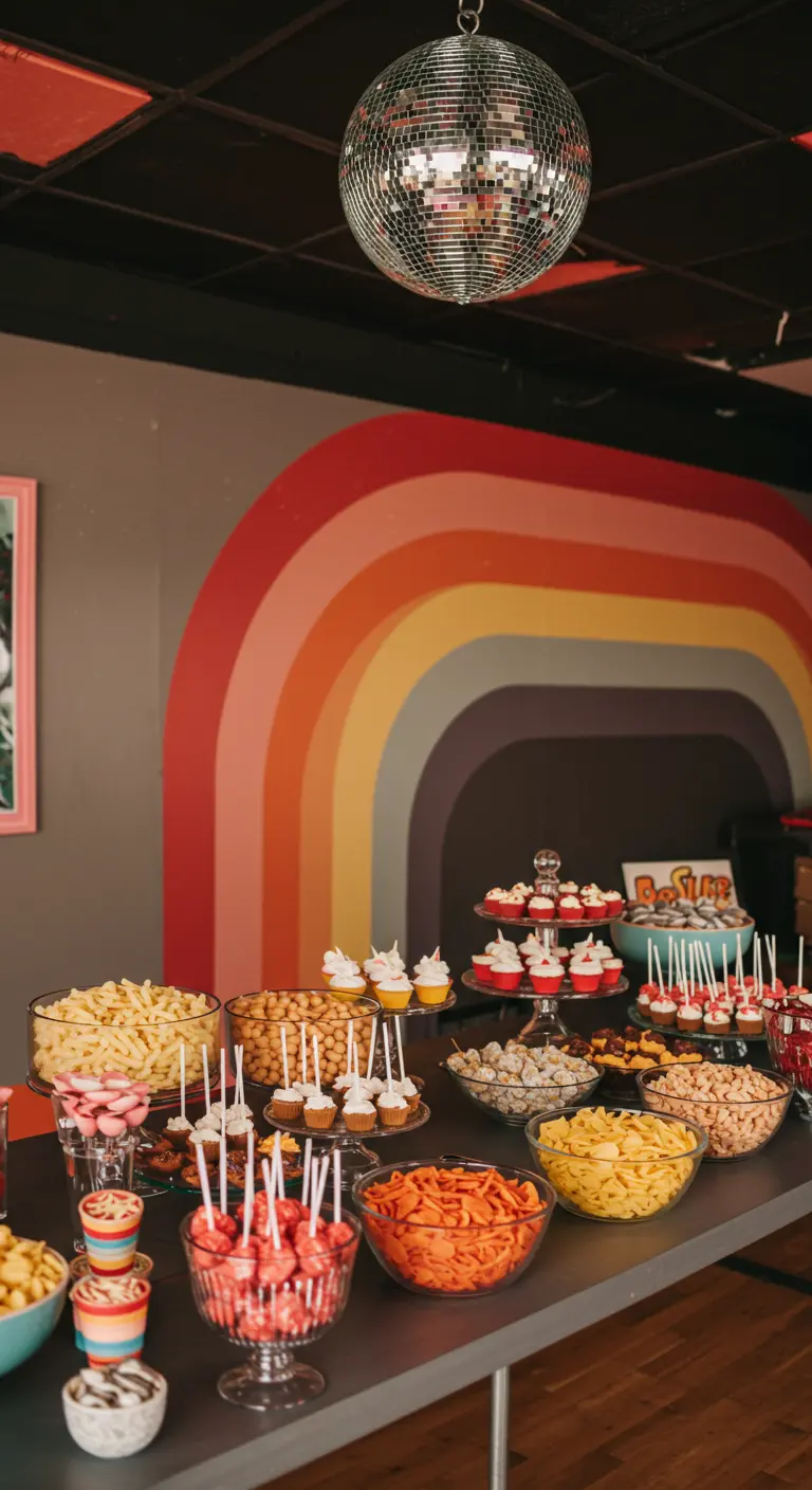 Snackbuffet met een grote, retro-stijl regenboog op de muur en een discobal.
