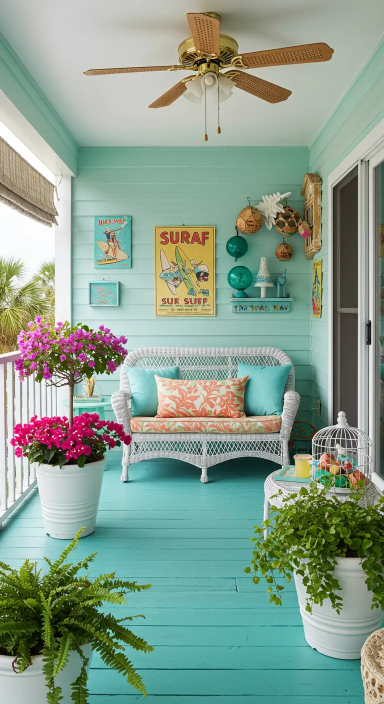 Balkon met aquagroene muren en vloer, rotan bank, surfposters en bloeiende bougainvillea.