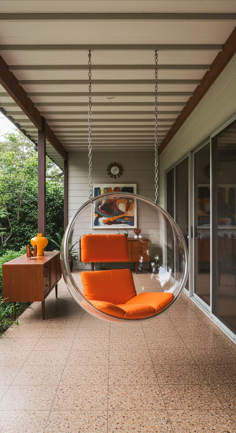 Transparante 'bubble chair' met oranje kussens op een veranda met Mid-Century meubilair.