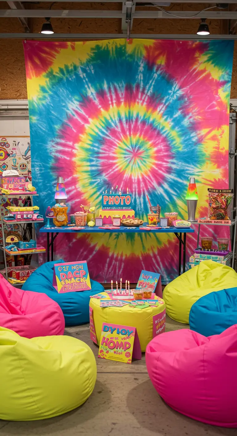 Grote, kleurrijke tie-dye backdrop achter een verjaardagsfeestje met zitzakken.