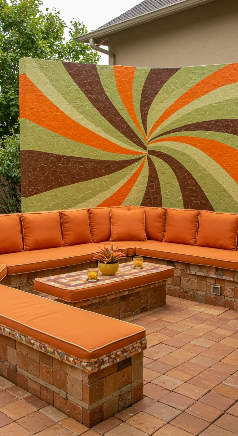 Zithoek in de tuin met oranje kussens en een achterwand met een groen-oranje retro-wervelpatroon.