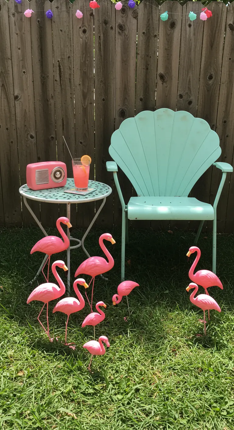 Mintgroene retro tuinstoel met een groep plastic flamingo's op het gras.