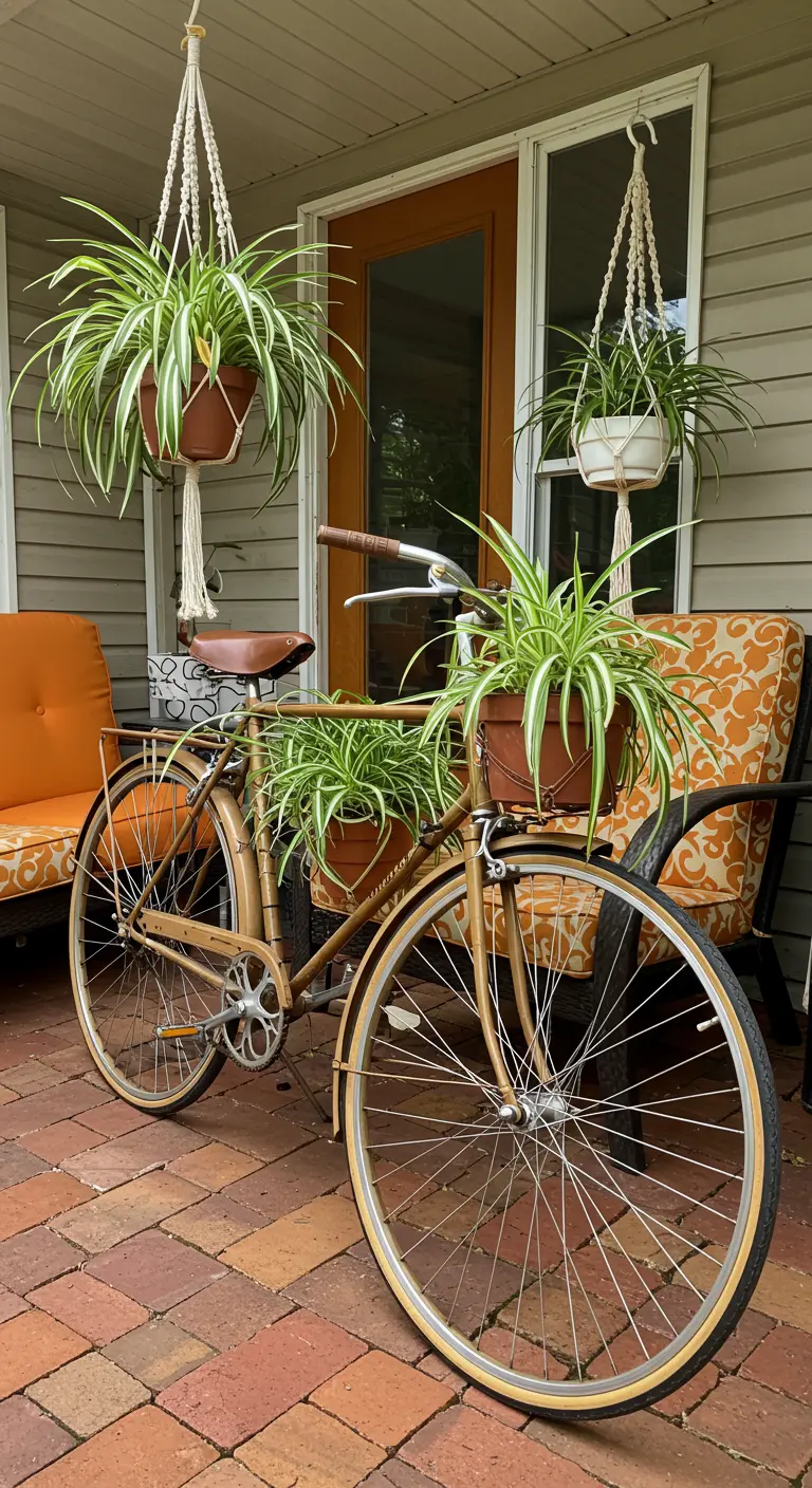 Vintage fiets op een veranda, vol met potten met graslelies. Twee extra graslelies hangen in macramé hangers.