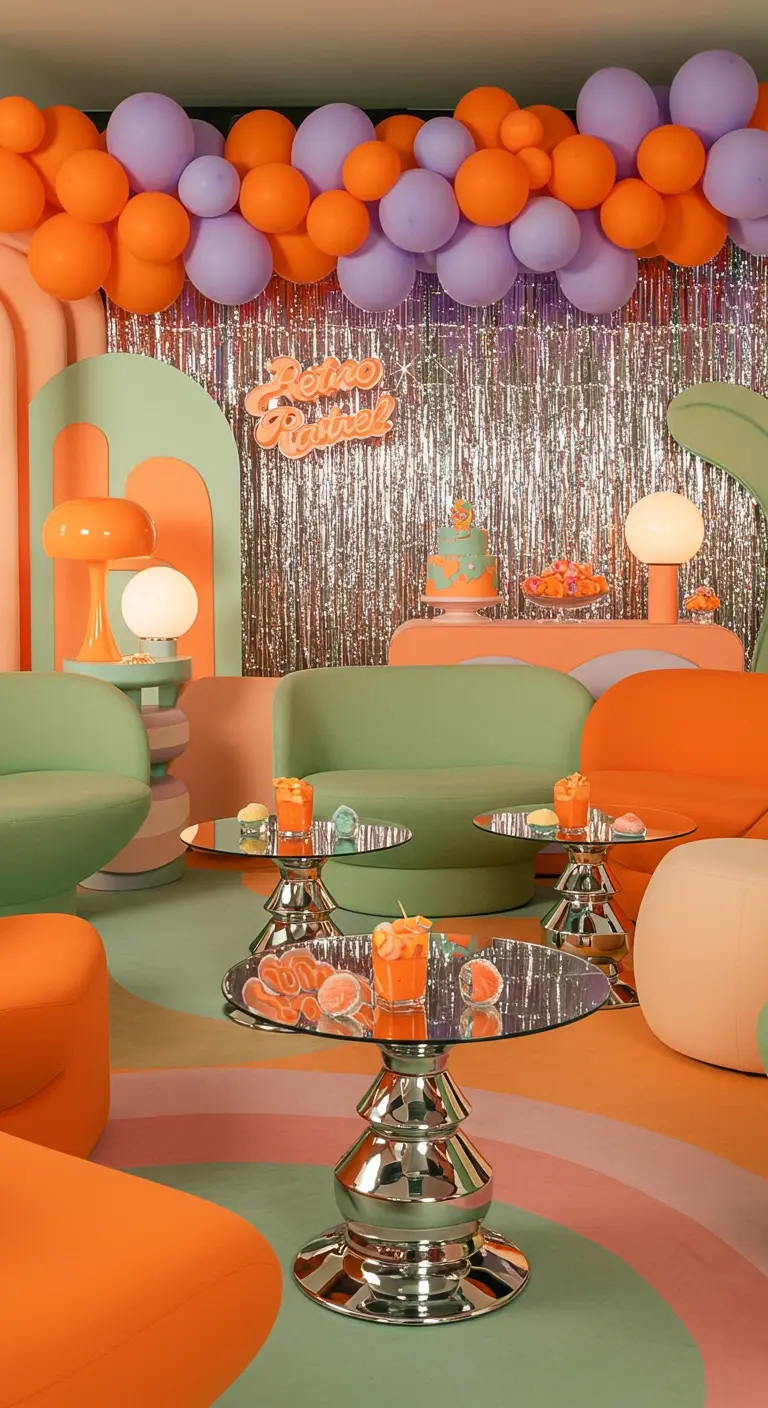 Feestdecor in retrostijl met oranje en mintgroene meubels en een zilveren achtergrond.