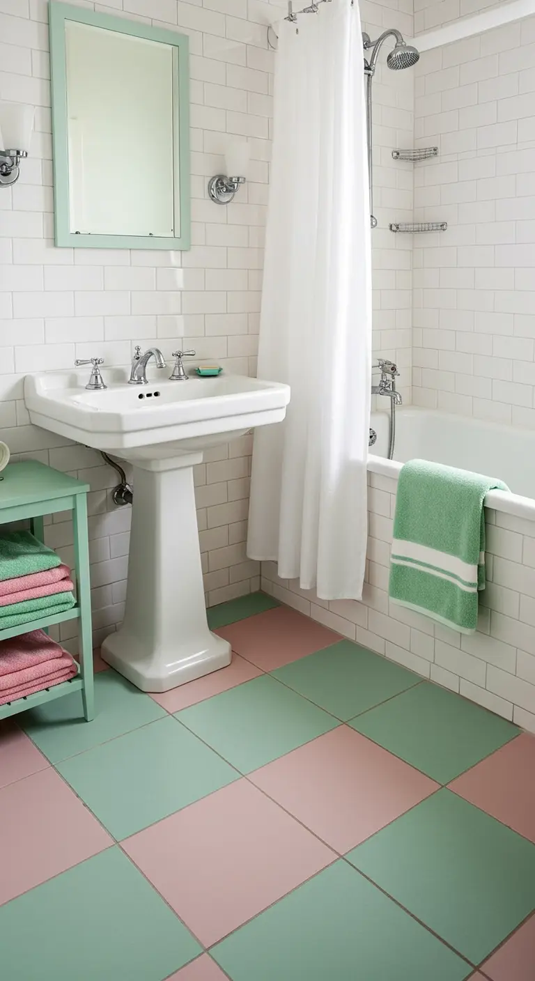 Retro badkamer met witte metrotegels en een roze-groen geblokte tegelvloer.