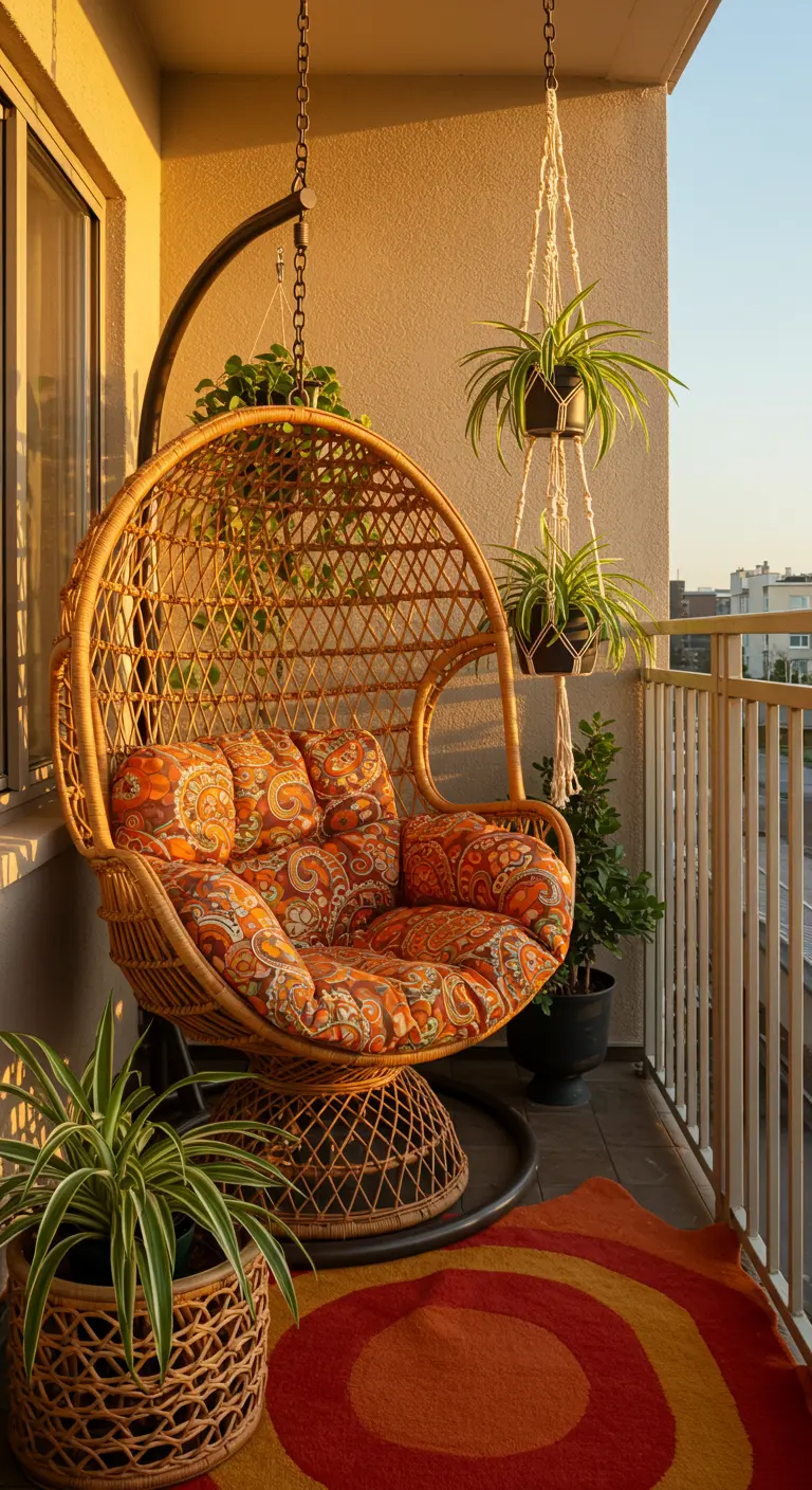 Rotan hangstoel met een oranje paisley-patroon kussen op een balkon met een retro vloerkleed.