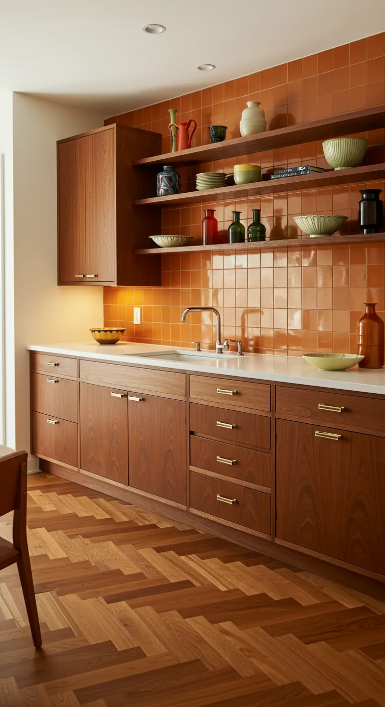 Houten keuken met oranje tegelwand en een warme visgraatvloer.