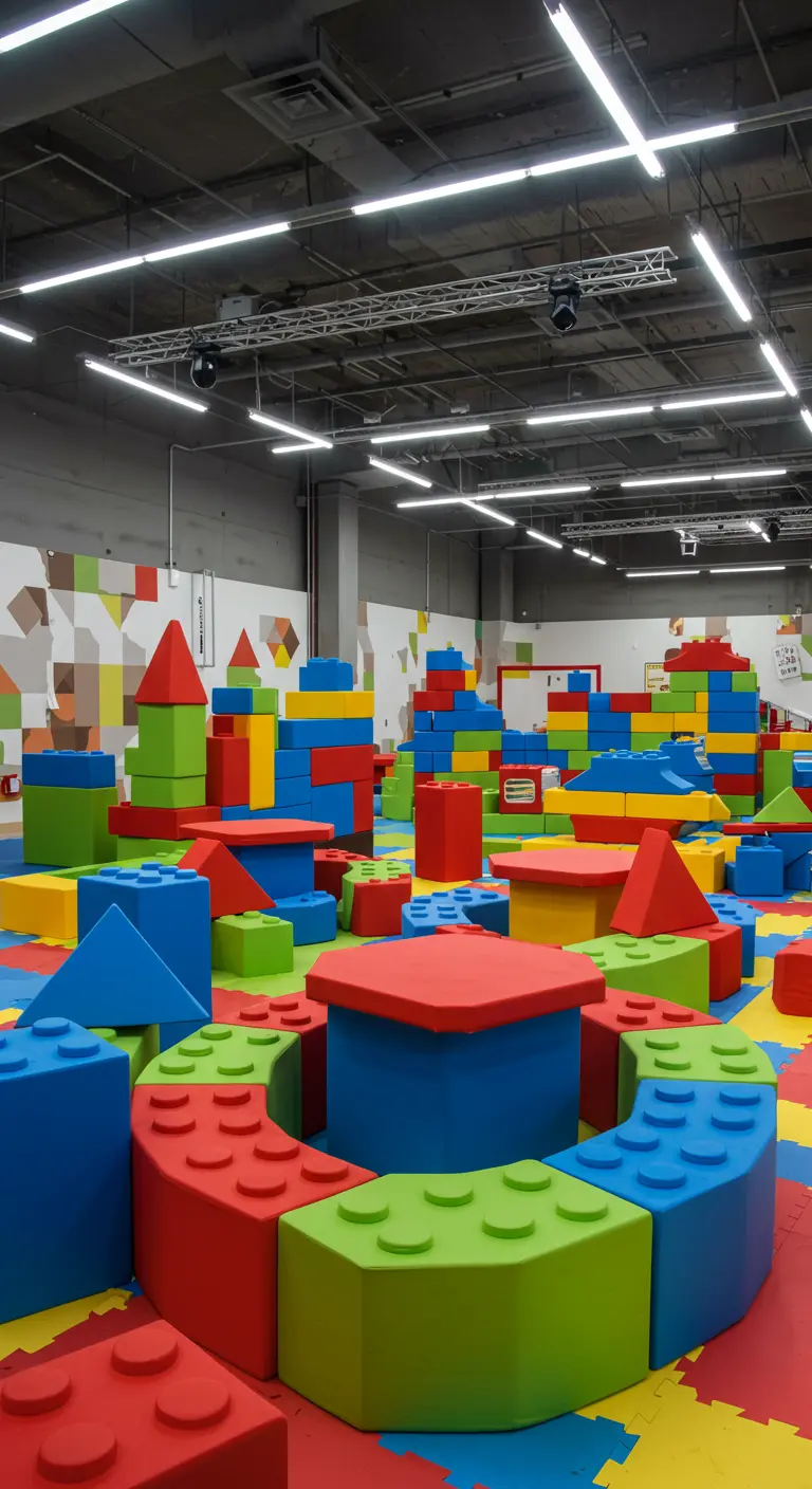 Grote ruimte ingericht met gigantische, zachte bouwblokken in primaire kleuren, waaronder kubussen en bogen, op een kleurrijke vloer.