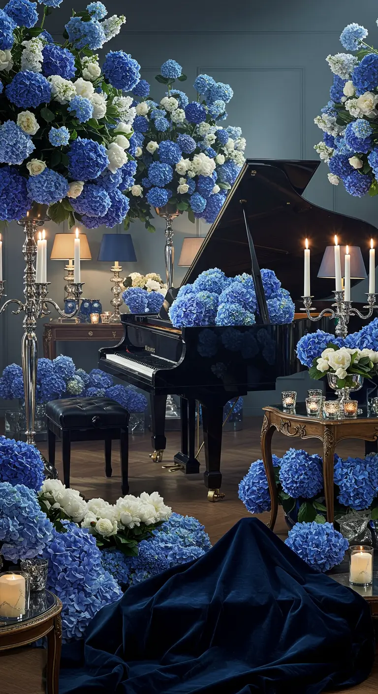 Kamer vol blauwe en witte hortensia's rondom een zwarte vleugelpiano.