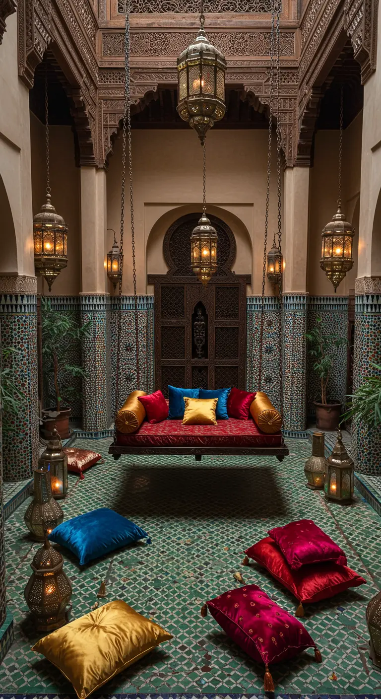 Sierlijk daybed in een Marokkaanse riad, met kleurrijke kussens en omringd door lantaarns.