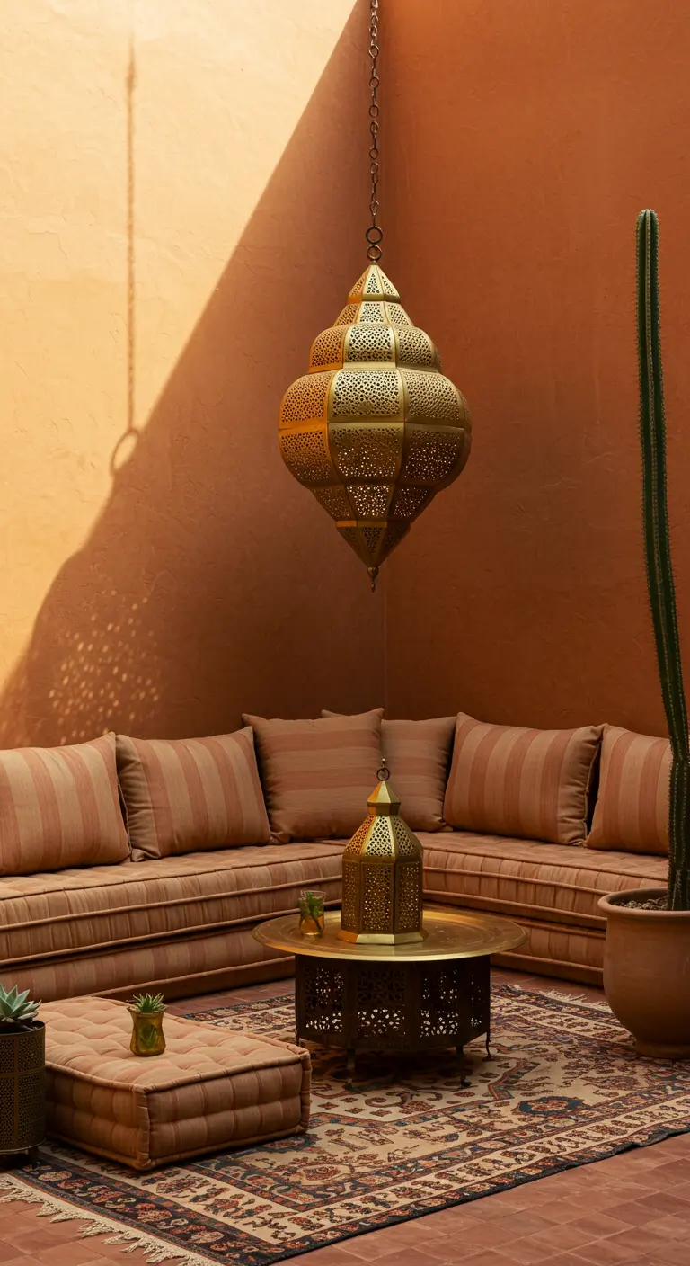 Marokkaanse patio met terracotta muren, lage banken en een grote koperen lantaarn.