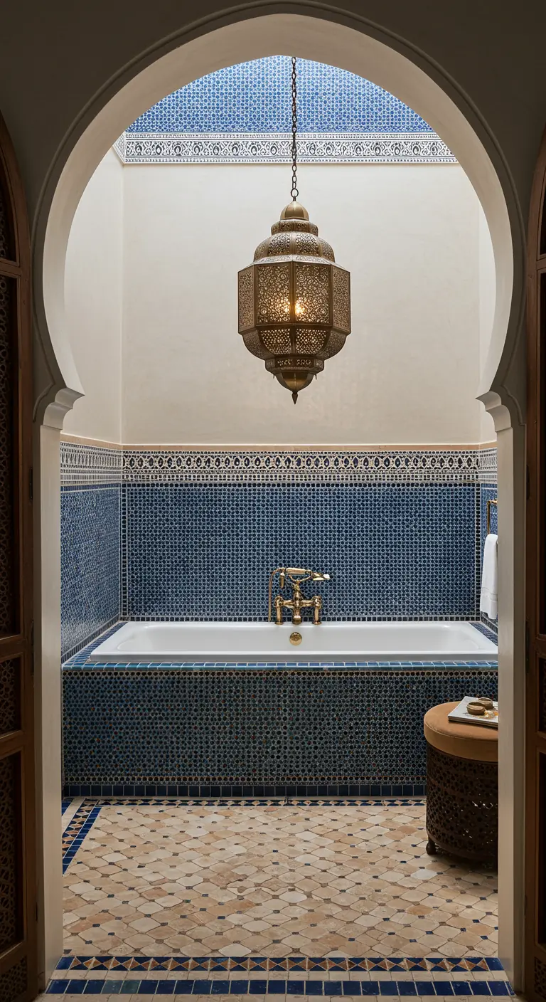 Marokkaanse badkamer met blauwe mozaïektegels, sierrand en een hangende lantaarn.