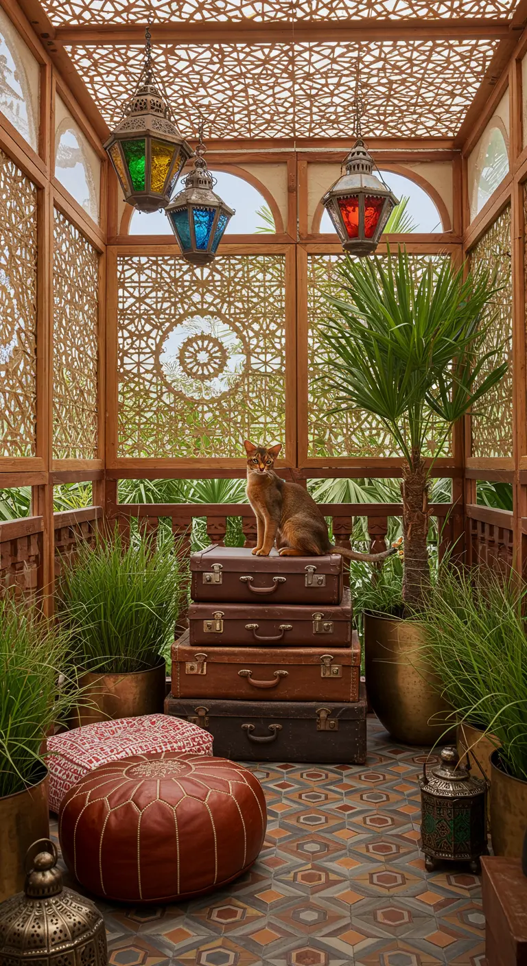 Kat zit op een stapel vintage koffers op een balkon in Marokkaanse stijl.