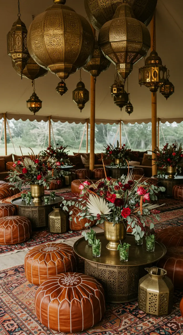 Marokkaanse lounge in een tent met leren poefs, lantaarns en kleurrijke bloemstukken.