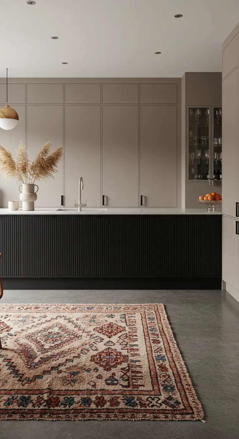 Keuken met greige kasten, een zwart geribbeld eiland en een groot Perzisch tapijt.