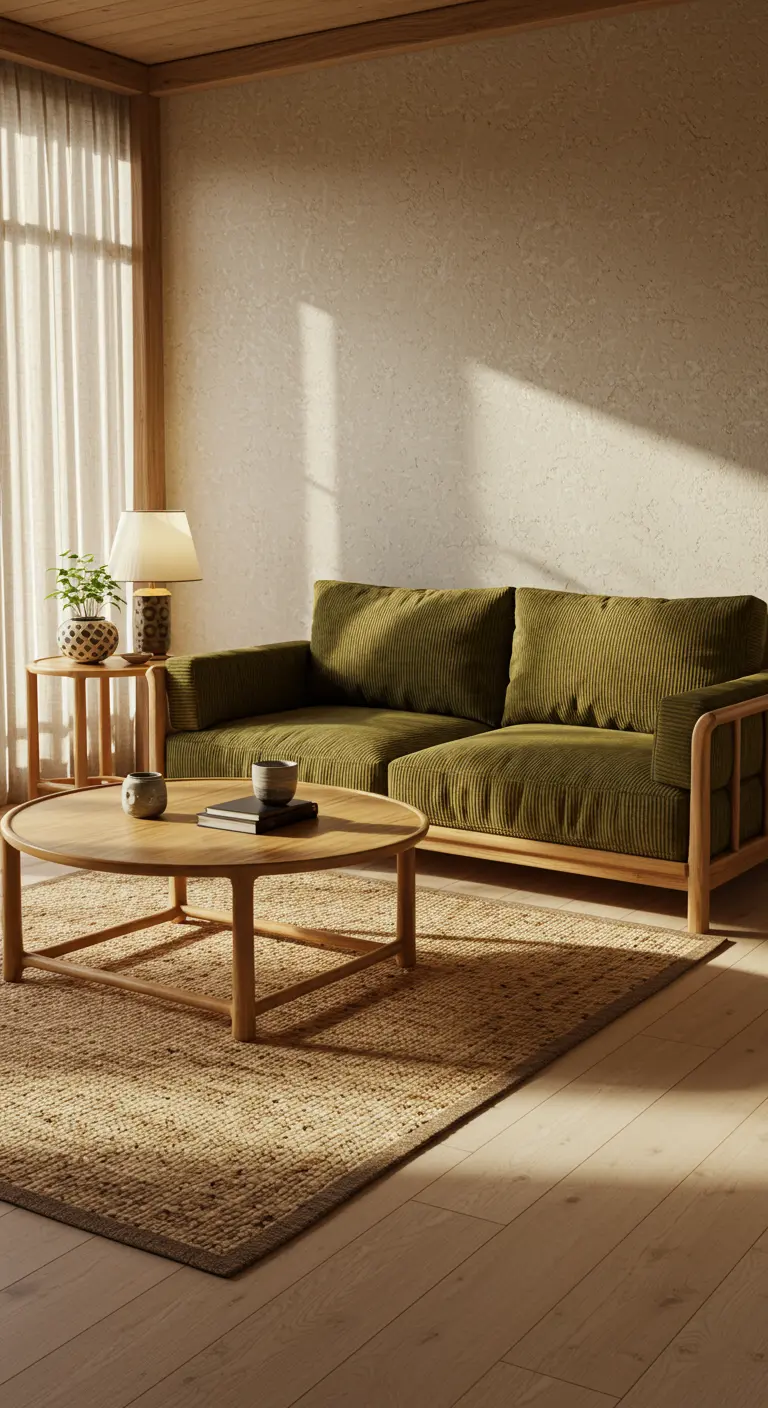 Woonkamer met ribcord bank, ronde houten salontafel en jute vloerkleed