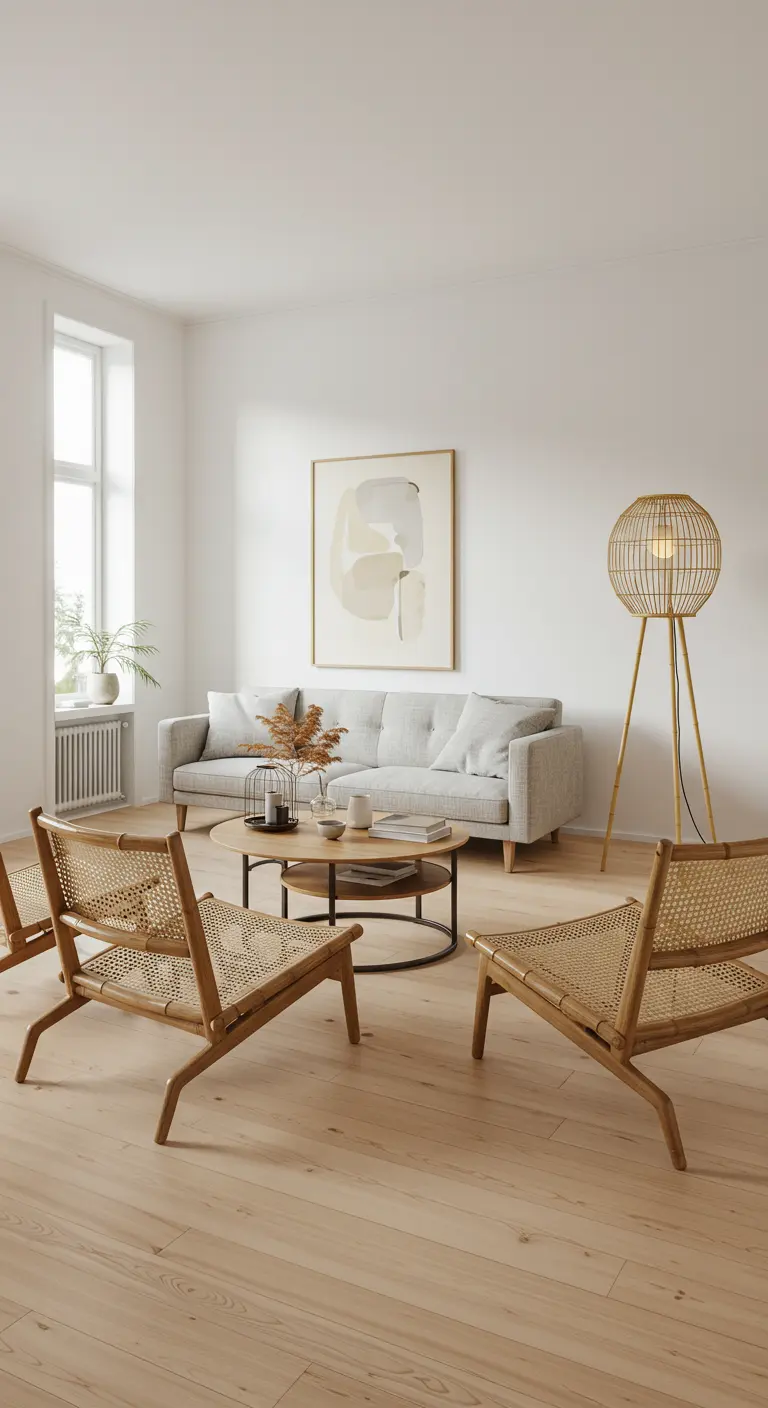 Woonkamer met rieten fauteuils, ronde salontafel en staande lamp
