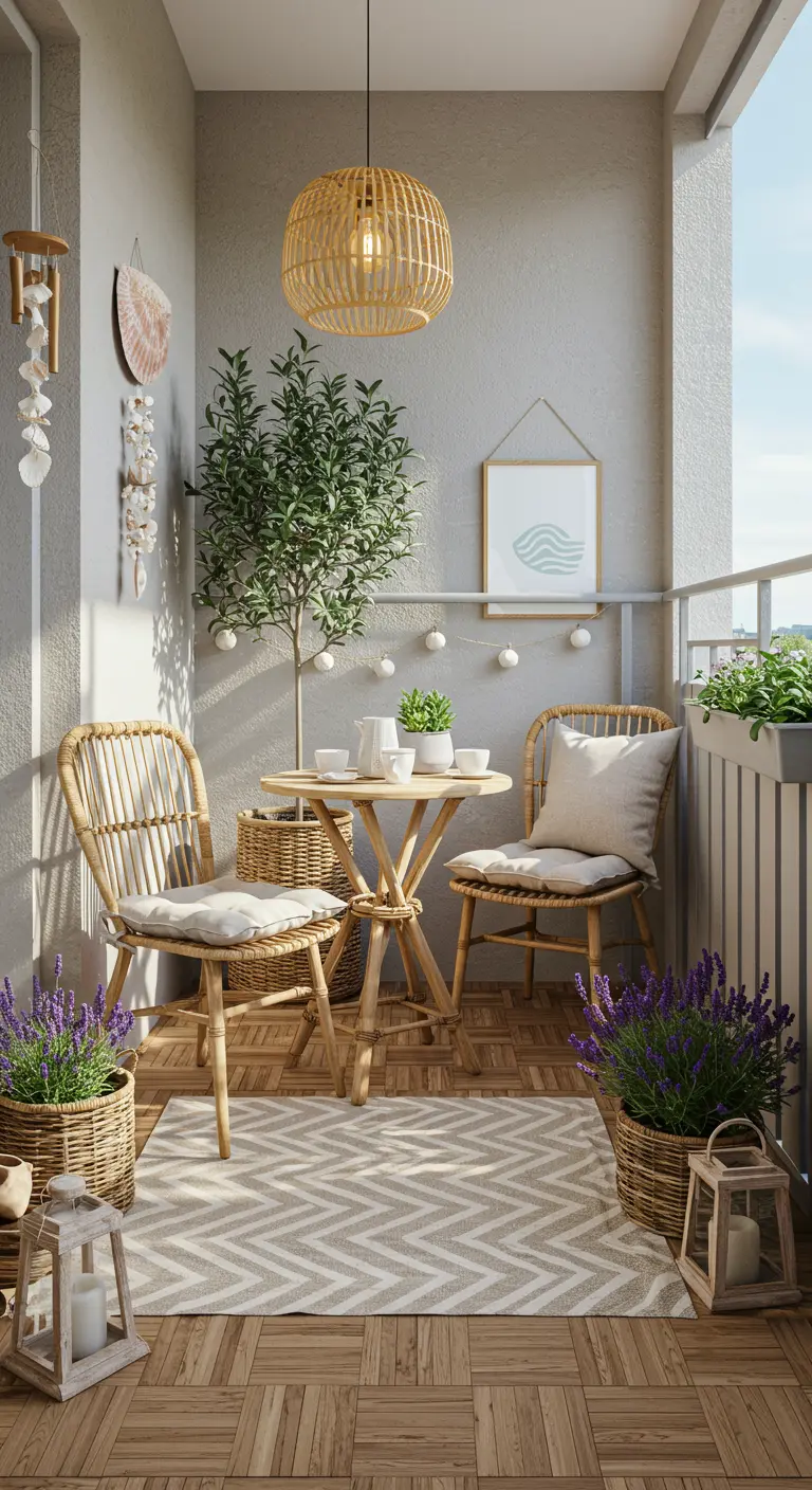Klein balkon met rieten meubels, lavendelplanten, schelpendecoratie en een rieten lamp.
