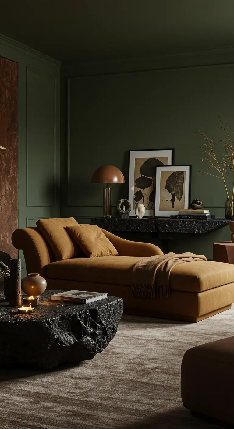 Sfeervolle woonkamer met olijfgroene muur, amberkleurige chaise longue en lavasteen salontafel