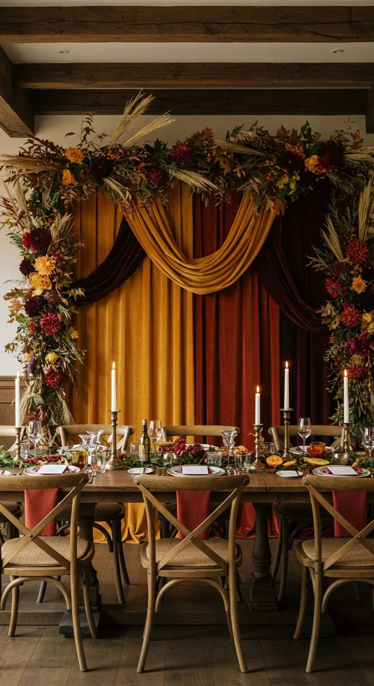 Herfstige dinertafel met een achtergrond van fluwelen doeken en bloemen.
