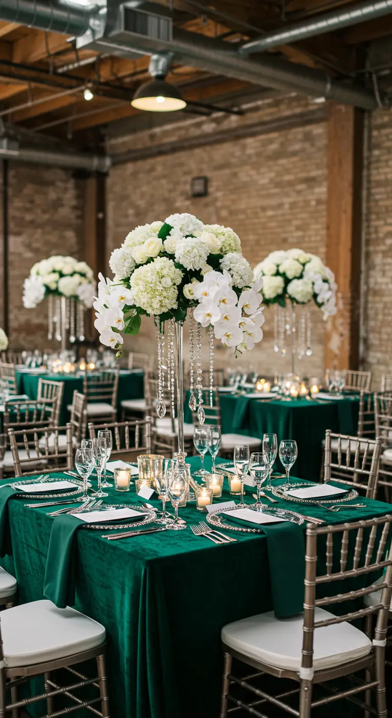 Tafel gedekt met smaragdgroen fluweel, hoge bloemstukken en kristallen details.