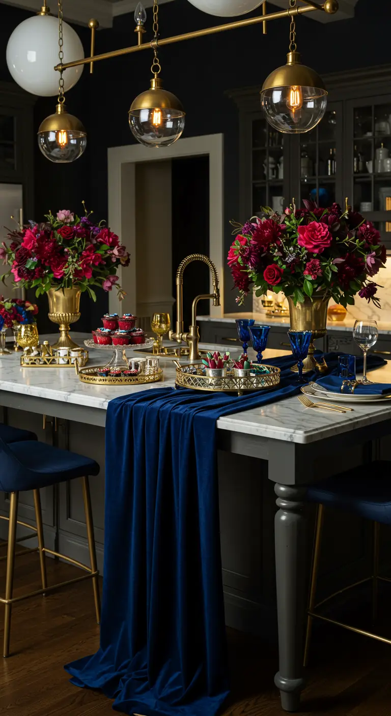 Keukeneiland met een donkerblauwe fluwelen loper, gouden details en dieprode bloemen.