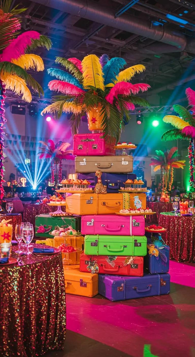 Kleurrijk feest met het thema Rio, veren, glitter en felgekleurde koffers.