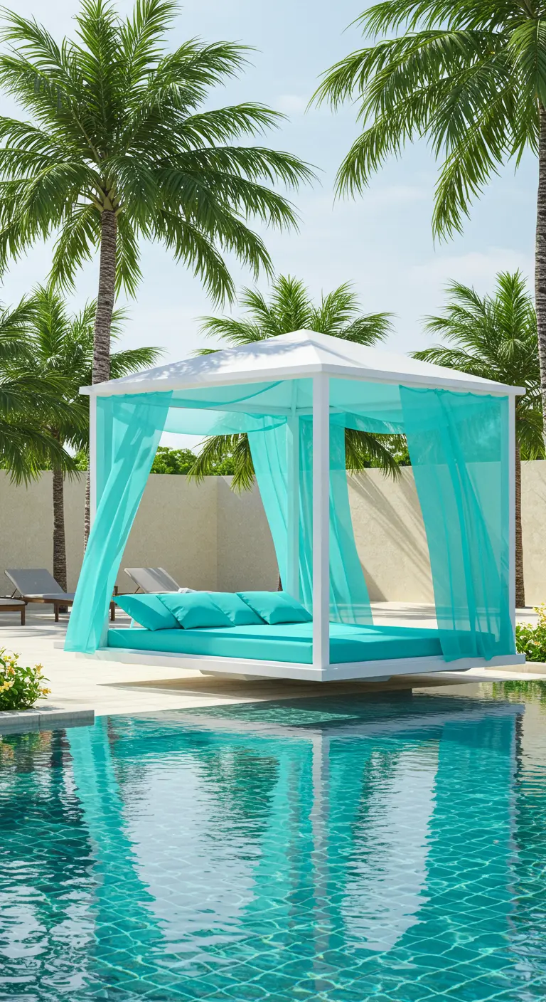Wit zwevend gazebo bed met turquoise gordijnen en kussens bij een zwembad, onder een blauwe lucht.