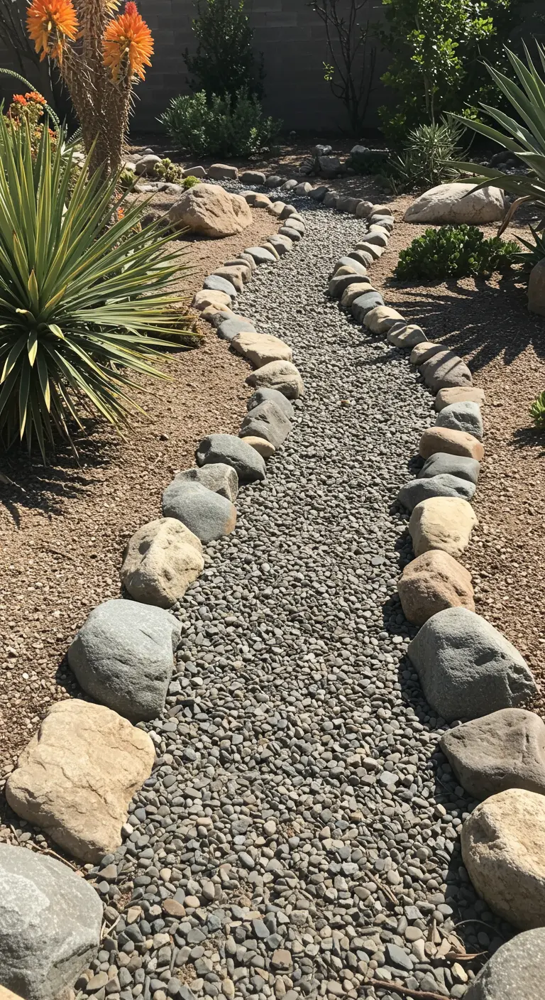Tuinpad in de vorm van een droge rivierbedding, met grind en grotere keien aan de randen.