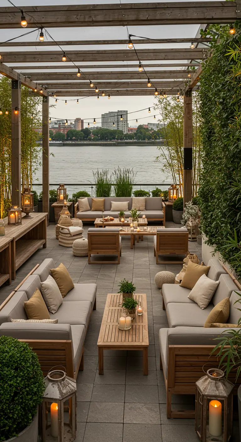 Terras aan het water met pergola, loungebanken, bamboeplanten en sfeervolle lantaarns.