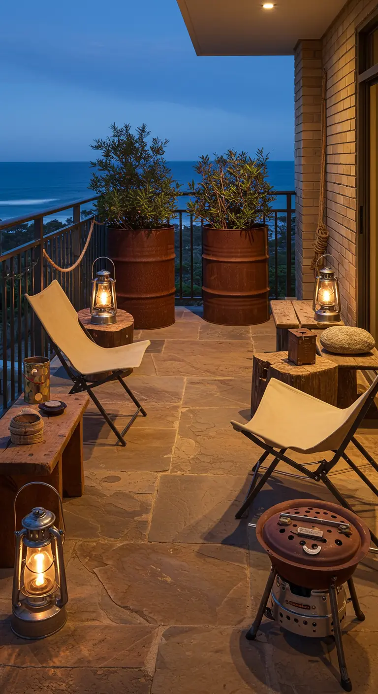 Balkon met roestkleurige vaten, houten blokken, canvas stoelen, lantaarns en uitzicht op zee.